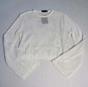 Ella Blue White Open Knit Cropped Bell Sleeve Sweater Size M